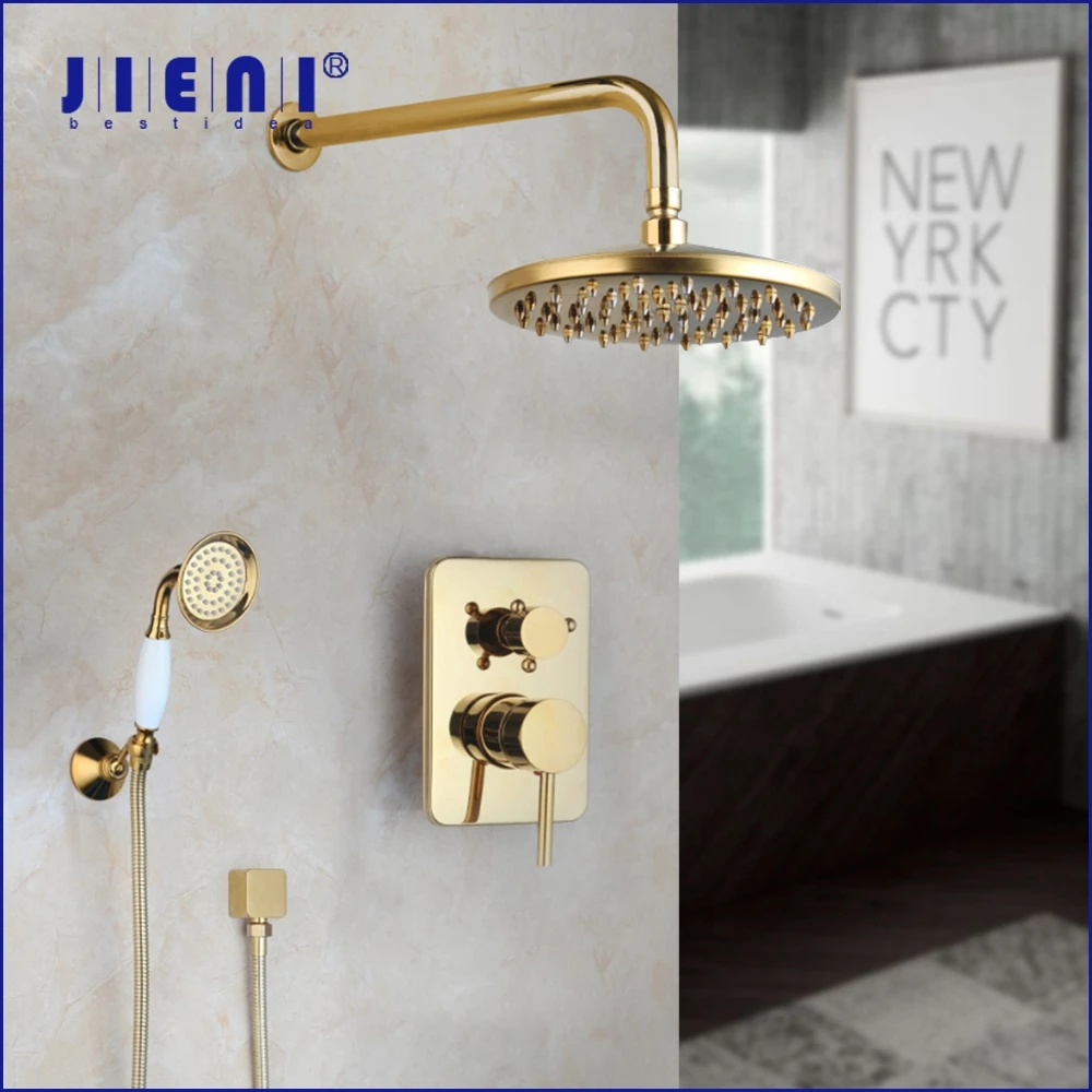 JIENI Golden Plated Wall Mounted Bathtub 2 Function Solid Brass Bathroom Faucet Shower Set Faucet Mixer Shower Set W/ Hand Spray