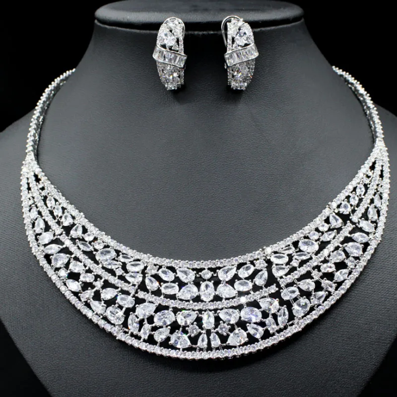 

Zlxgirl jewelry Exclusive rhodium silver plated wedding Jewellery set Luxury Cubic Zirconia Necklace Earring Party Jewelry Set