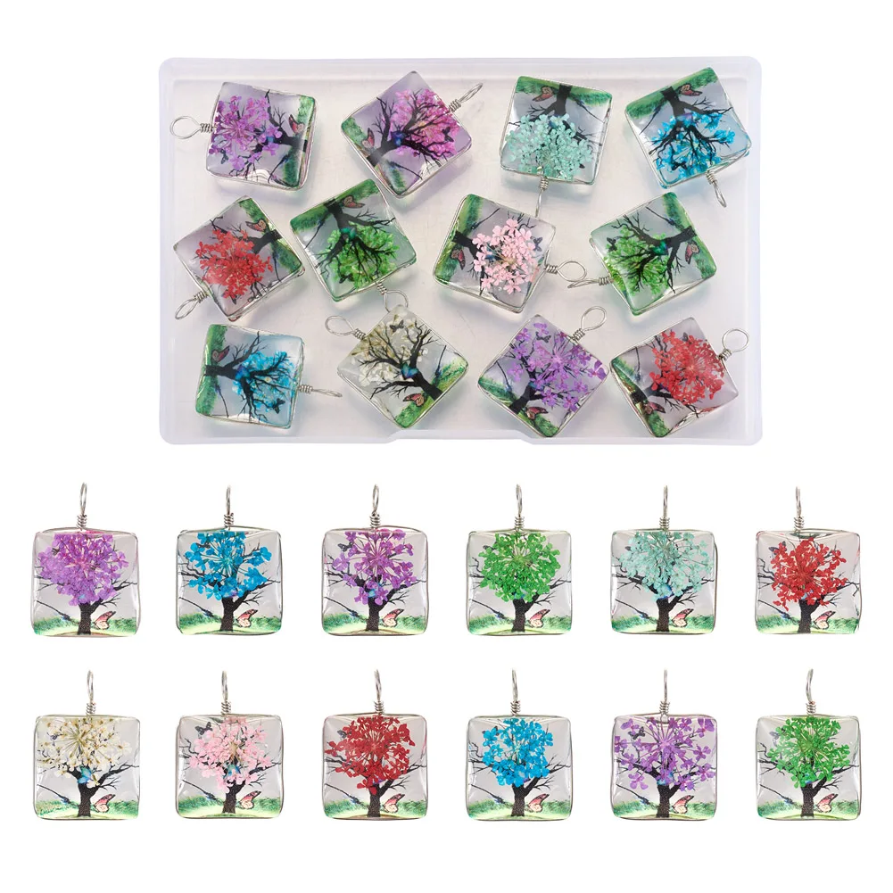 12Pcs Transparent Glass Pendants Dried Flower inside and Stainless Steel Finding Oval, Mixed Color, 30x20x16mm, Hole: 5mm