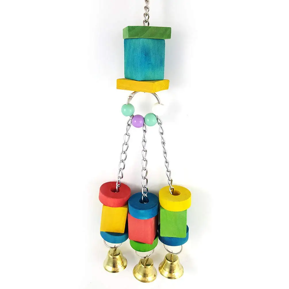 Bird Colorful Wood Blocks Hanging Toy with Bells Parrot Swing Grinding  for  Parakeet Cage Accessories