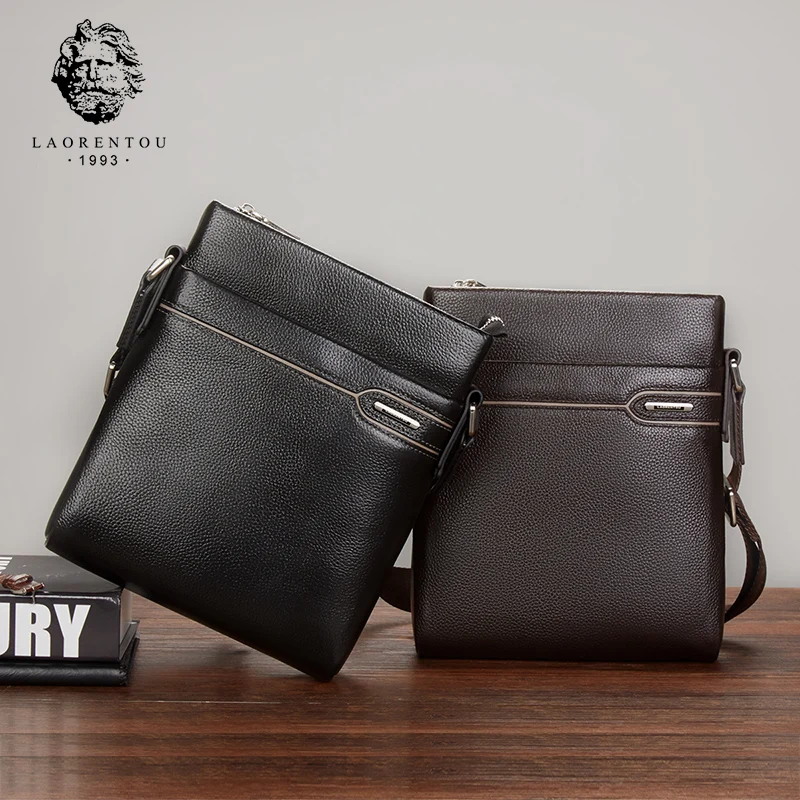 

LAORENTOU Genuine Leather Men Crossbody Bag Business Shoulder Bag Real Cow Leather Side Messenger Bag for Man Vintage Casual Bag