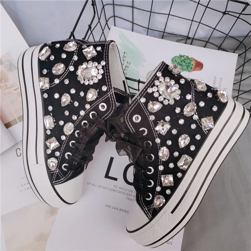 Cute Crystal Women\'s Canvas Shoes Gemstone Handmade Diamond Thick-soled High-top Shoes