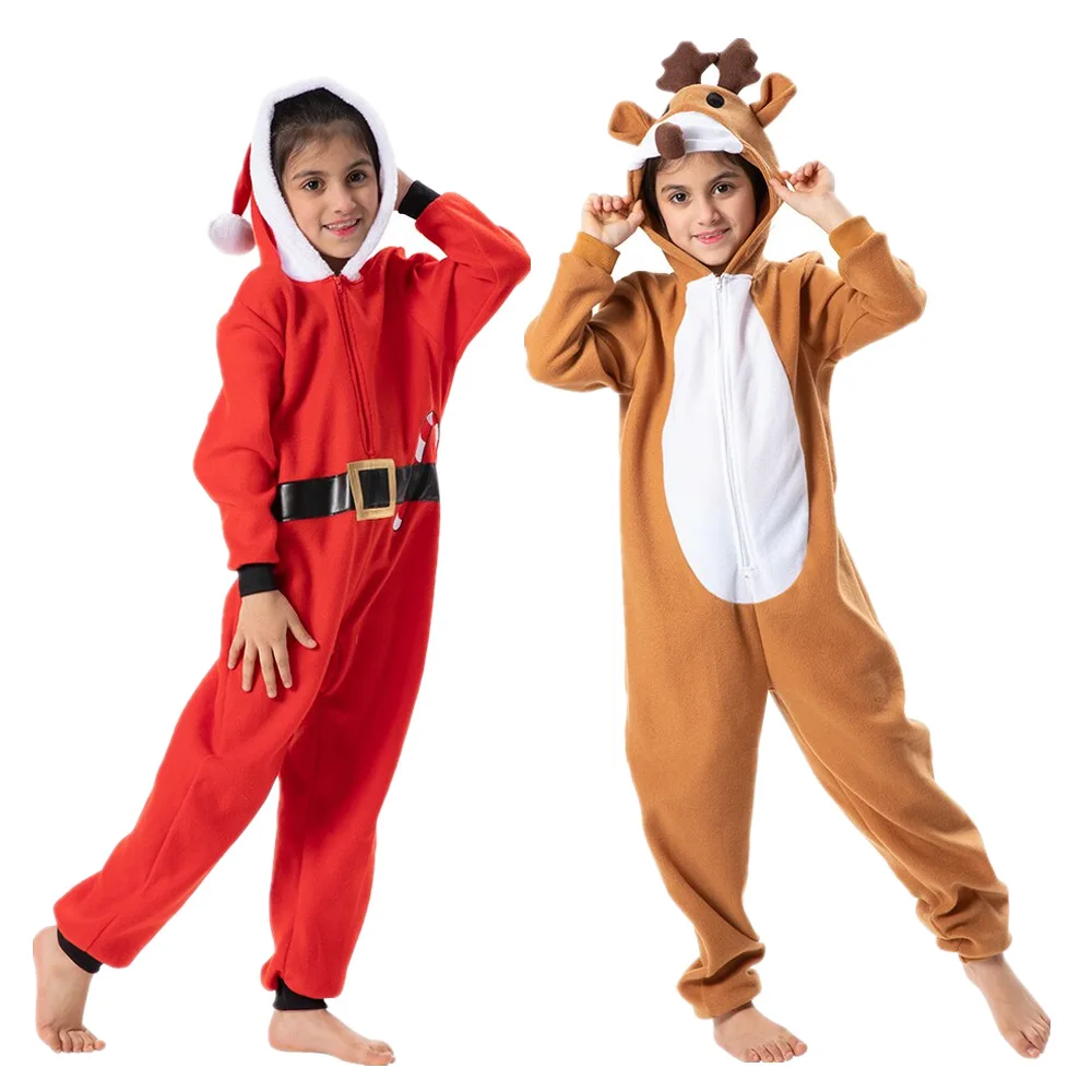 Children Christmas Reindeer Cosplay Costume Santa Claus New Year Kids Boys Girls Hooded Pajamas