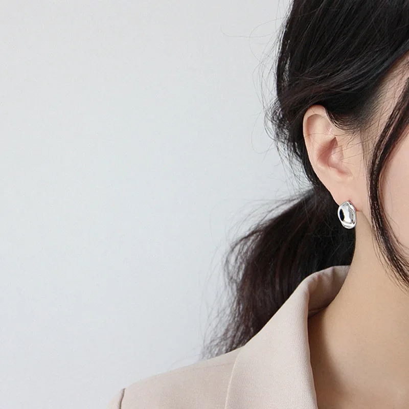 LIVVY Silver Color Concave Convex Irregular Oval Geometric Studs Earrings for Fashion Women Jewelry Gift Accessories