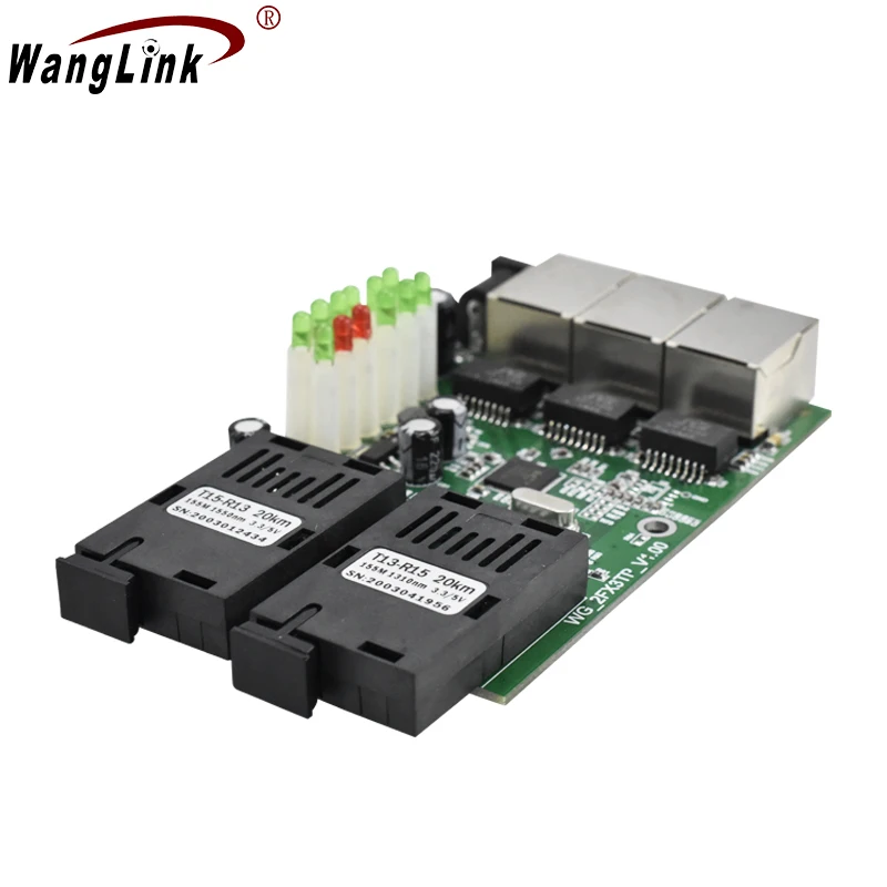 Wanglink-Ethernet Fast Fiber Optic Media Converter, 10/100M, 3 RJ45 Single Mode, 2 SC Fiber PCBA