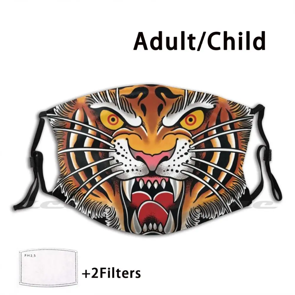 Tiger Head Tattoo Design Mask Cloth Reusable Print Filter Washable Tattoo Tiger Animal Cat Vintage Feline Japan Japanese Nature