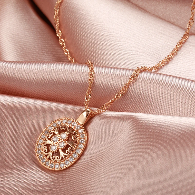 Kinel Hot Fashion 585 Rose Gold Necklace Earrings Ring Sets for Women Natural Zircon Ethnic Flower Bride Wedding Jewelry Set