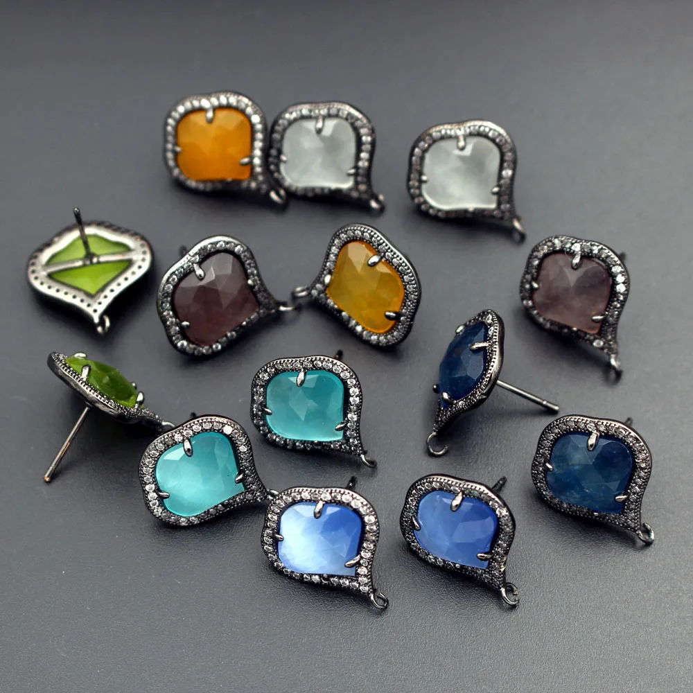 10pairs CZ Paved Gunmetal Black Stud Earring Post Green Blue Cats Eye Stone Earring Connectors Linkers For Women Jewelry Gifts