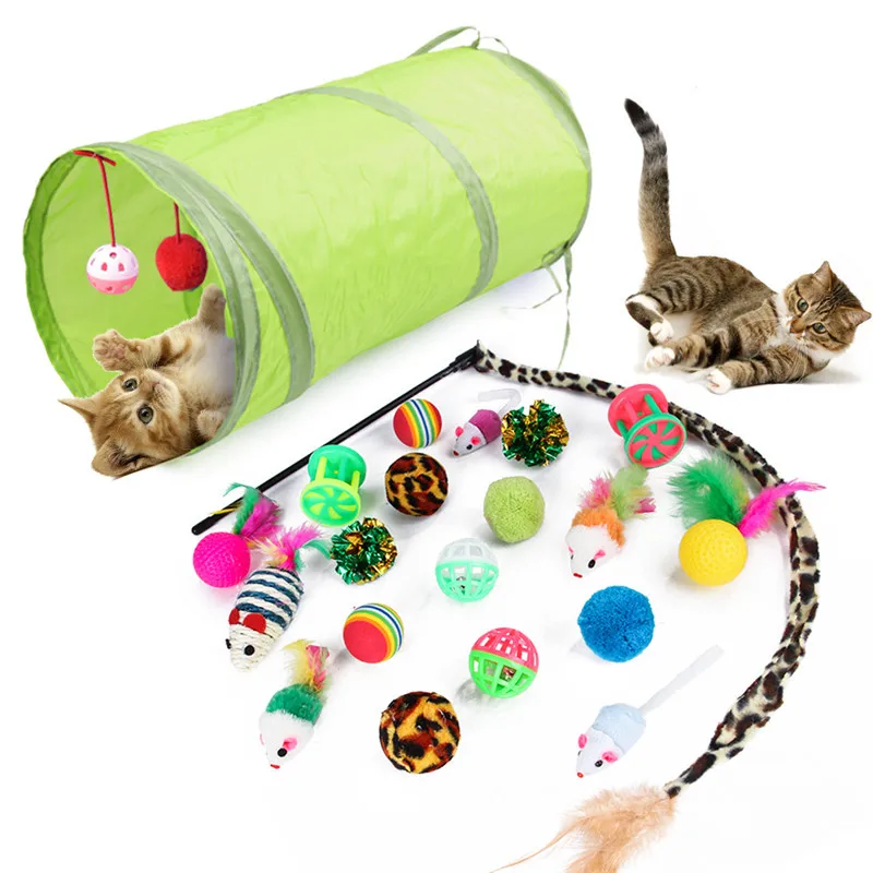 

21Pcs Cat Interactive Toy Stick Feather Wand Holes Play Tubes Balls Small Bell Mouse Cage Toys Plastic Colorful Cat Teaser Toy