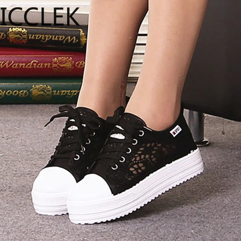 Women Shoes Fashion Summer Casual Shoes White Sneakers Cutouts Lace Canvas Hollow Breathable Platform Sneakers Tenis Feminino