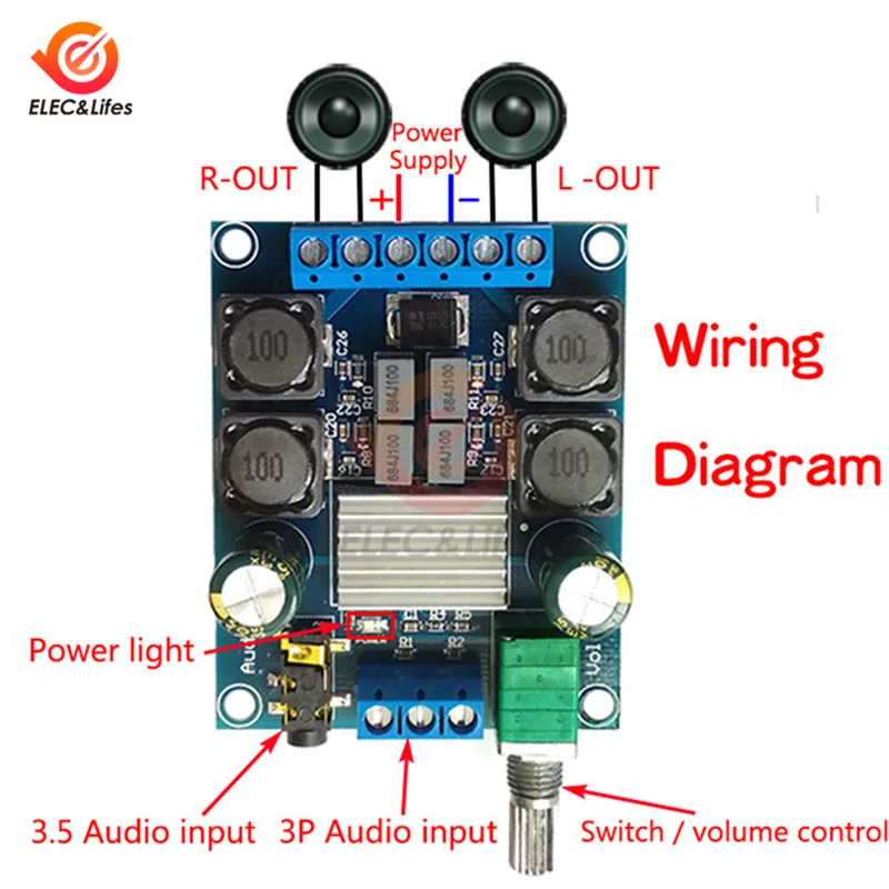 2X50W TPA3116D2 Dual Channel Digital Power Amplifier Board Module DC 4.5V-27V TPA3116 D2 Adjustable Audio Volume Control Module