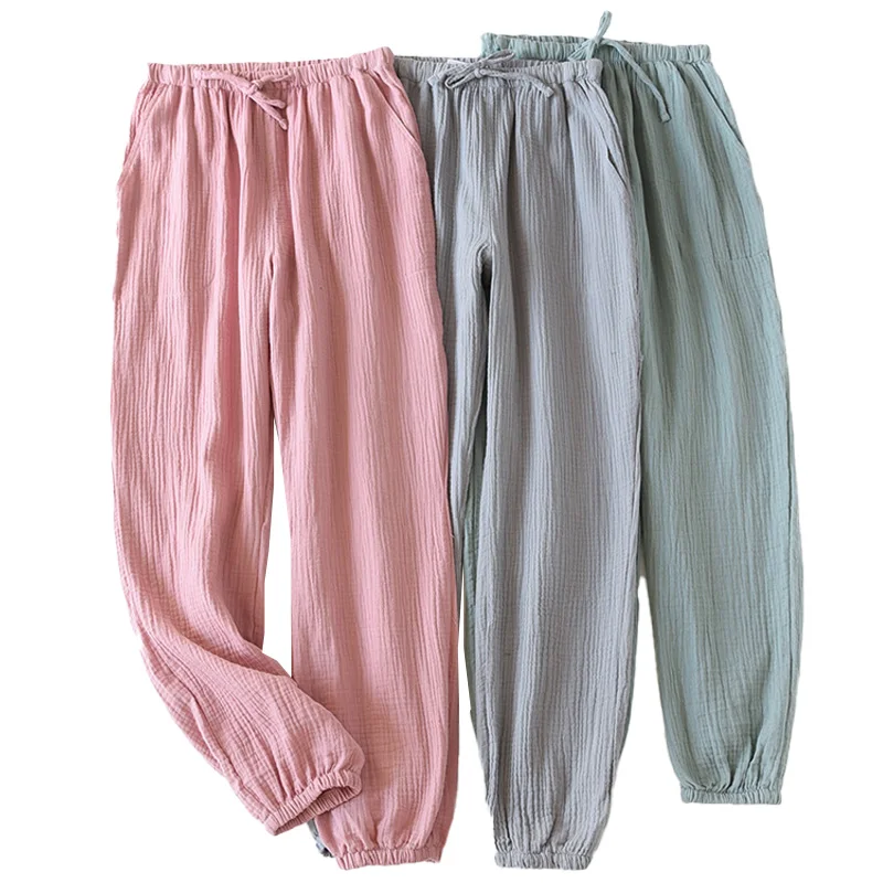 2023 Spring Autumn New Couples Solid Color Sleep Bottom Men Women Comfort 100% Gauze Cotton Pants Lovers Elastic Waist Trousers