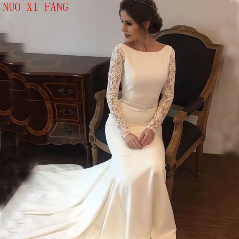 Simple Satin Wedding Dresses lace long sleeves Wedding Bridal Gowns Sweep Train vestido de noiva sheer beach wedding guest