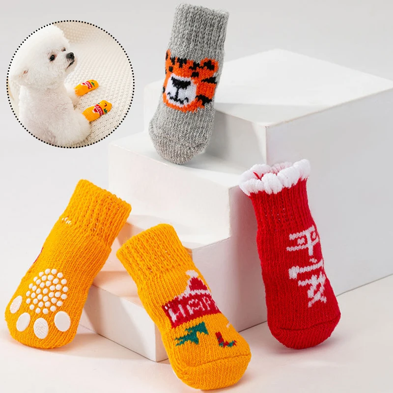 4Pcs Winter Knit Warm Socks for Dogs Thick Printed Socks Anti-Slip Pet Socks Cute Paw Protector Dog Booties Accessories S/M/L