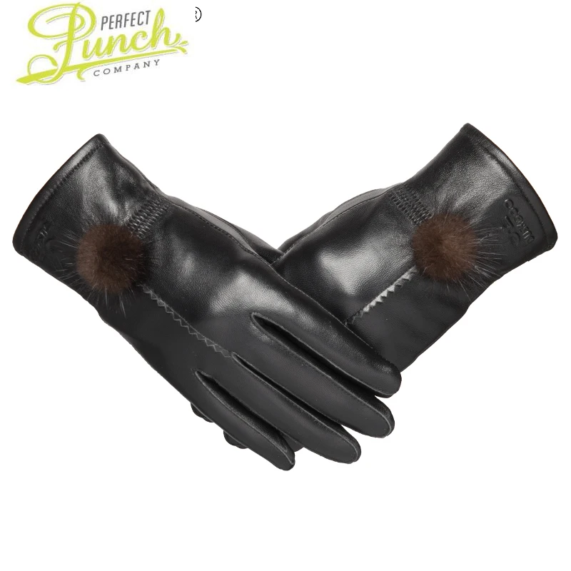 

Fashion New Women's Gloves Genuine Leather Gloves Mink Fur Ball Keep Warm Plus Velvet Gloves Inverno Feminino SQQ322