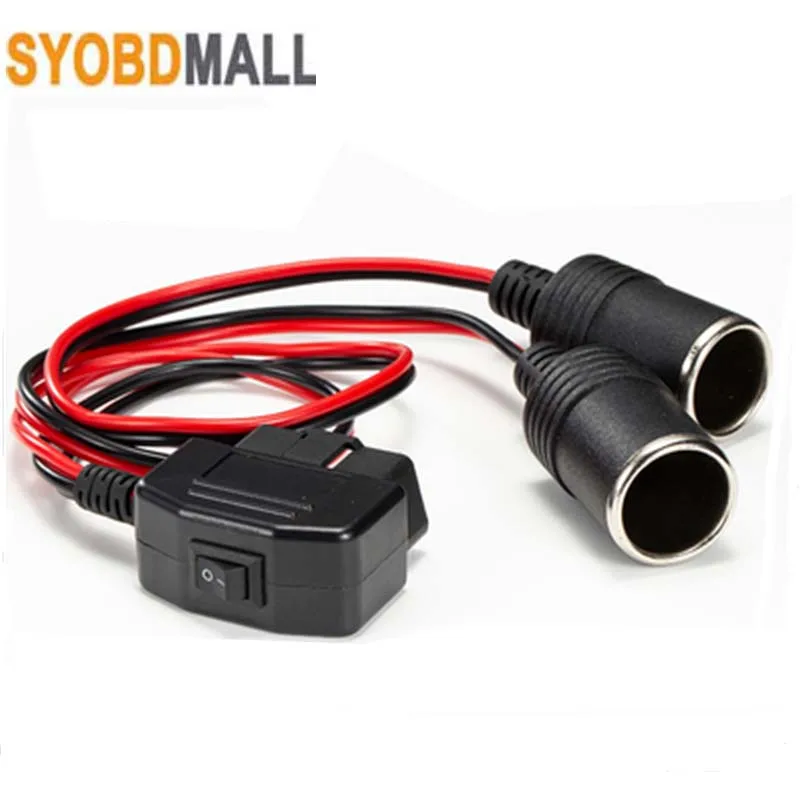 12v/24v Car Truck Obd2 To Cigarette Lighter Power Supply Cable Male 16pin OBD Plug To 2 Cigarette Lighter Extension Connector