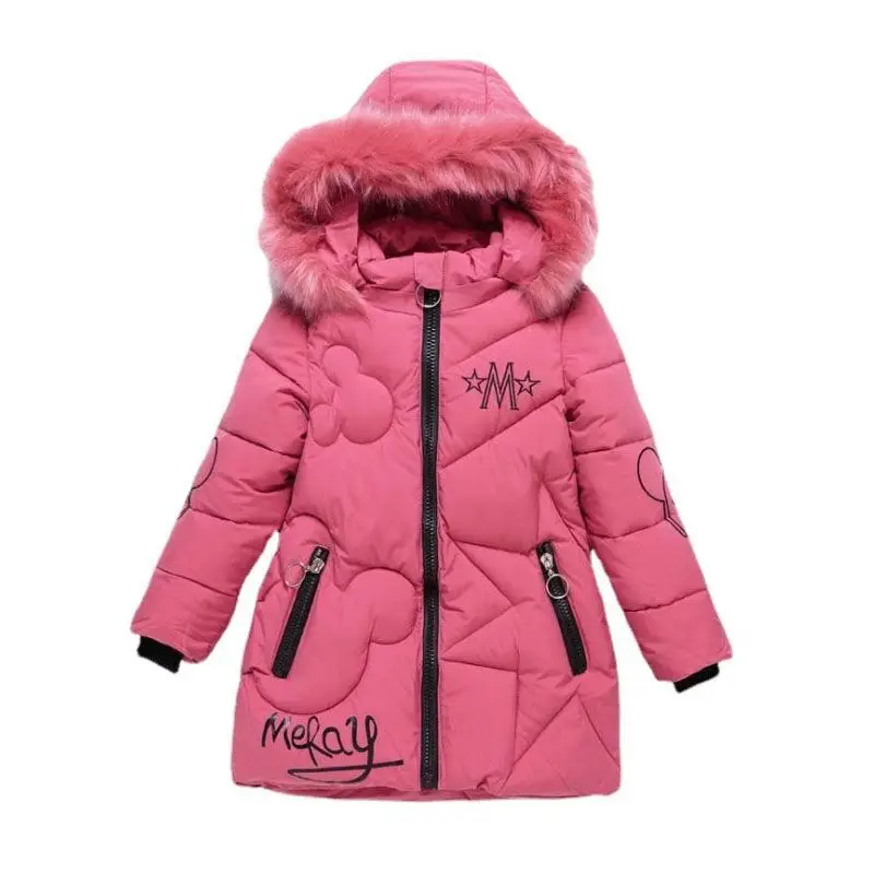 Winter Girls Teenager Windbreaker Coat Keep Warm Hooded Jacket For Girl Fur Collar Plus Velvet Long Style Outerwear 4-12 Years