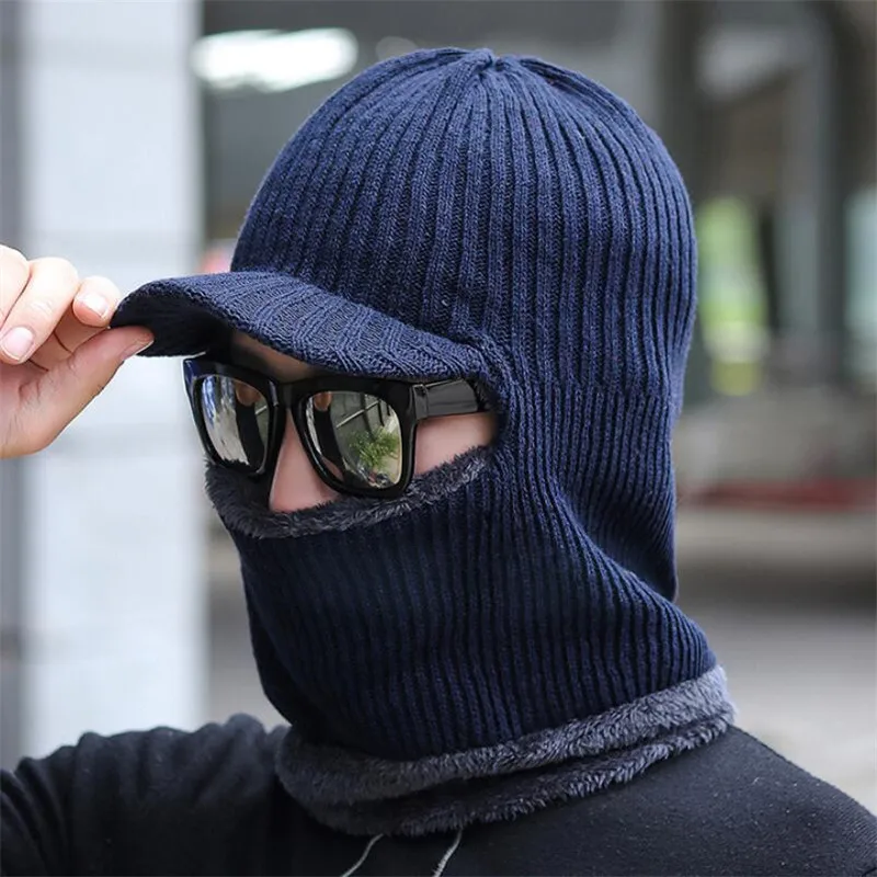 Men Winter Hat Scarf Set Women Warm Knitted Plush Hooded Hat Scarf With Brim Male Visor Beanies Adult Solid Cap Ring Scarves