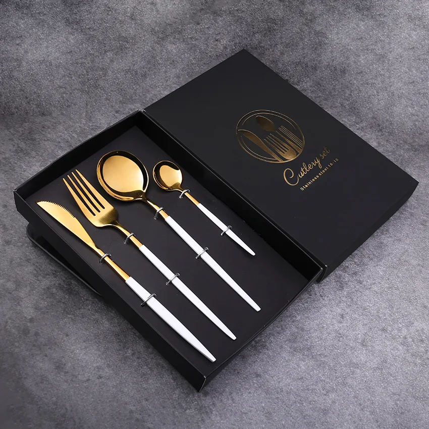 4Pcs 304 Stainless Steel Golden Cutlery Set Black Luxury Dinnerware Spoons Knives Kitchen Mirror Polishing Fork