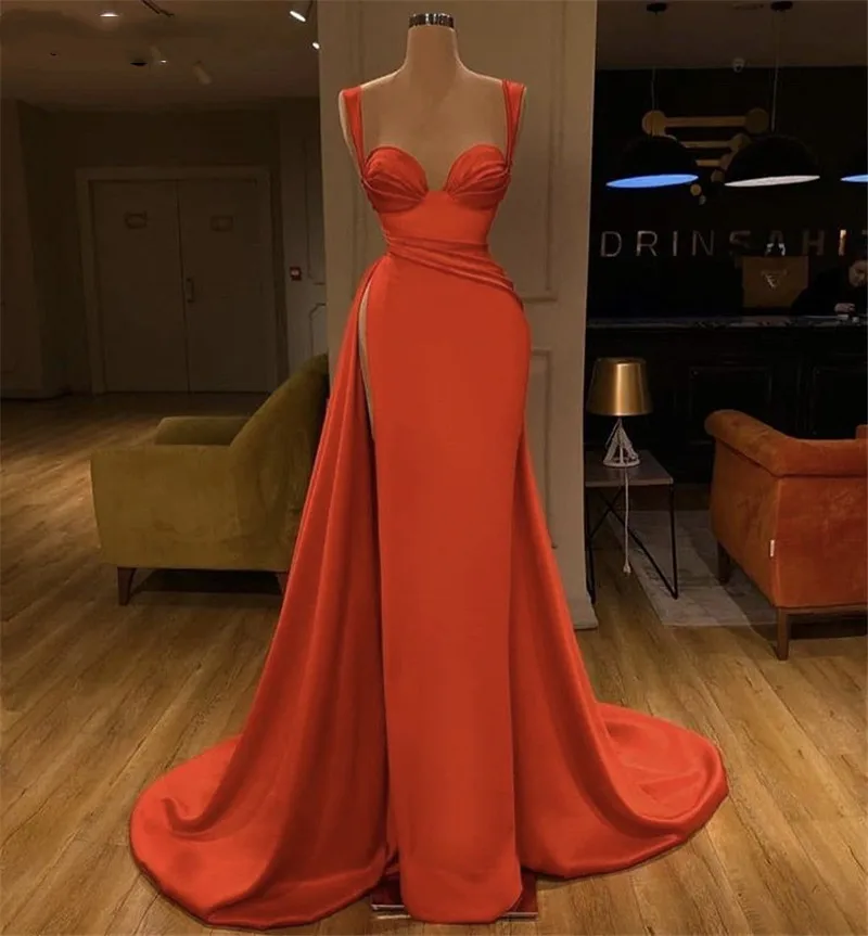 

Orange Silk Satin Mermaid Sweetheart Sleeveless Floor Length Side Slit Evening Dresses robes de soirée prom Dresses cocktail