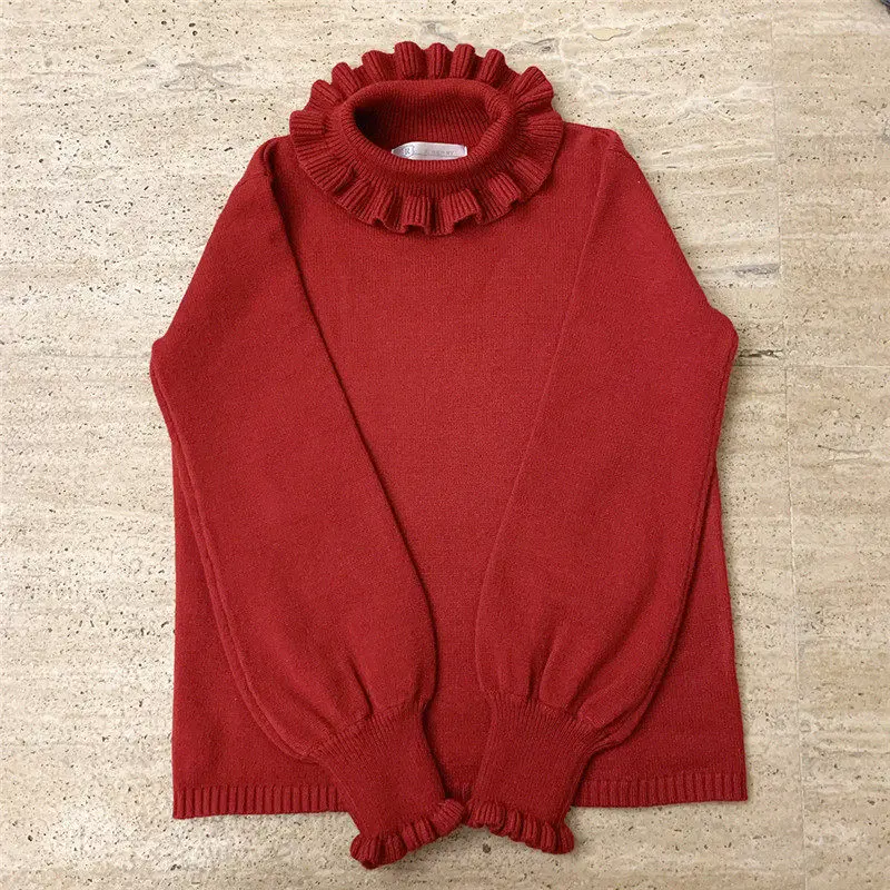 Turtleneck White Knitted Sweater Women Knitwear Autumn 2023 Vintage Ruffle Cute Girls Long Sleeve Red Jumper Christmas Sweaters