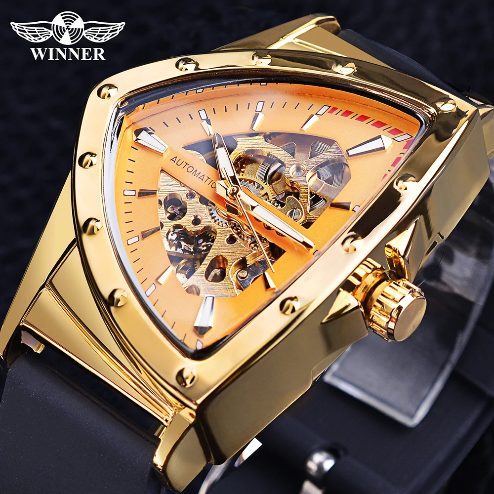 

WINNER Skeleton Dial Men's Mechanical Watch Triangle Wristwatches Luxury Golden Automatic Watches Silicone Strap Reloj Hombre