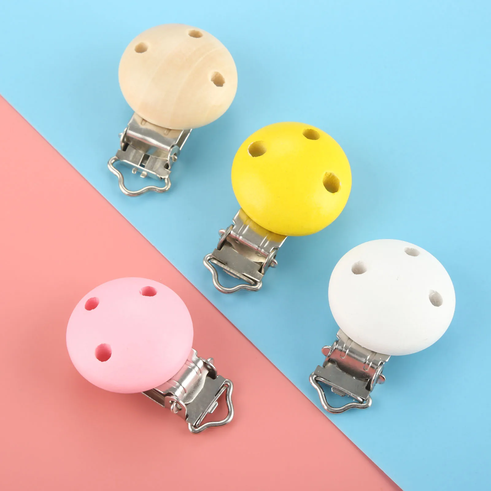 5pcs/set Natural Wooden Baby Pacifier Clips Wood White Pink Yellow Hole 4mm Infant Dummy Clips for Baby Holders 4.4*2.9cm