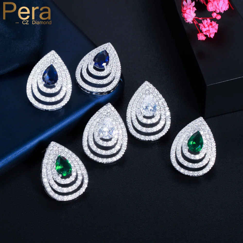 Pera Stunning Green Blue Cubic Zirconia Silver Color Multiple Waterdrop Shape Stud Earings for Women Prom Jewelry Gift E777