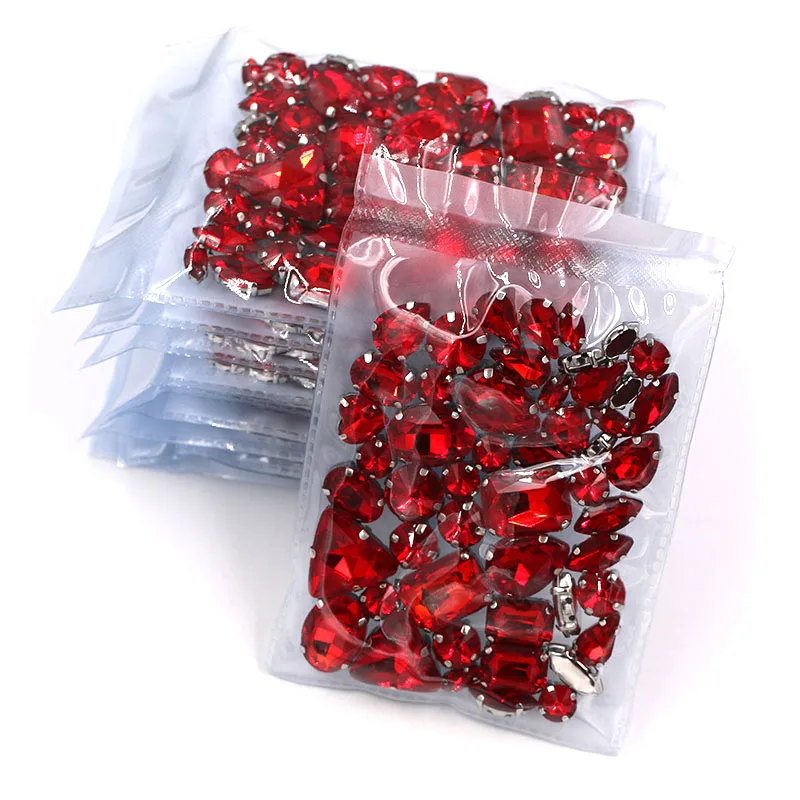 Wholesale 5 bags mixed shape silver base sewing glass rhinestone crystal Red rhinestones for clothing/wedding dress