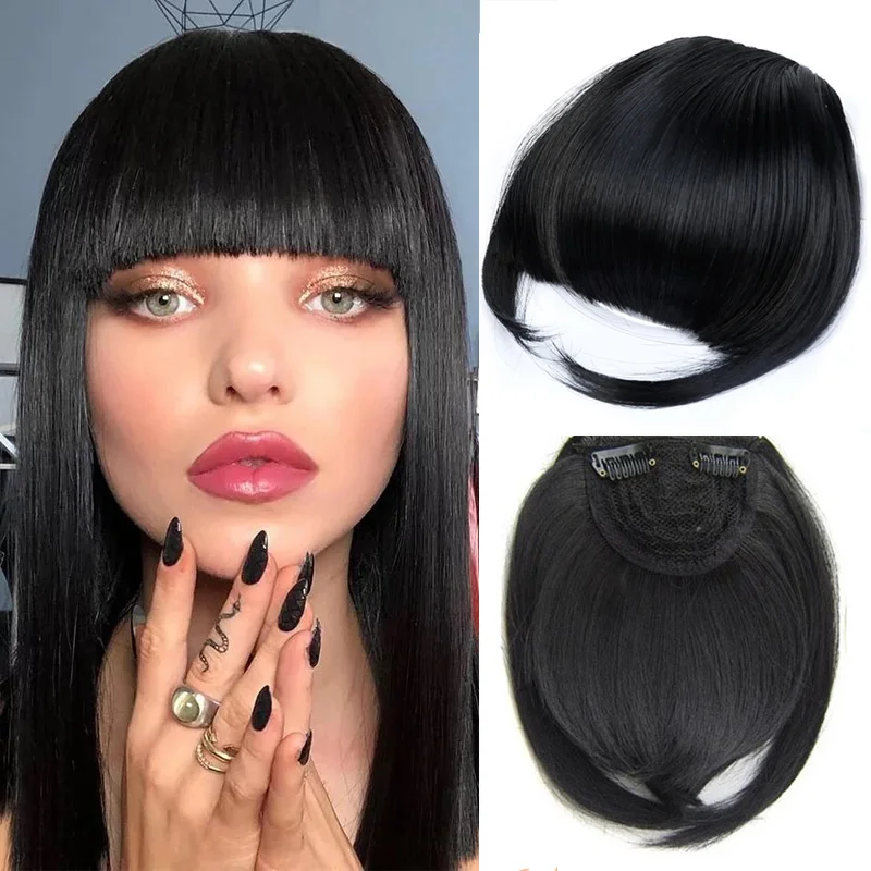 

Neat Front Fringe Clip In Hair Bangs Hair Extensions Short Synthetic Bangs Heat Resistant Hairpieces Natural Black Blunt Bang