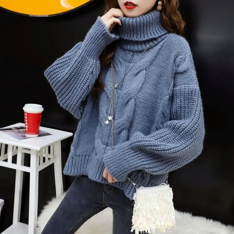 Winter Thick Coarse Yarn Turtleneck Women Knitted Sweater Pullovers Loose High Collar Long Sleeve Jumpers Ladies Knitting Tops