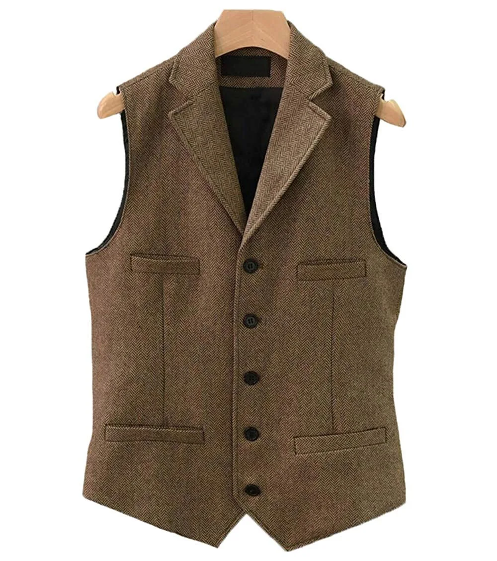 Mens Suit Vest Lapel V Neck Wool Casual Formal Business Herringbone Waistcoat Groomman For Wedding Army Green/Burgundy/Brown