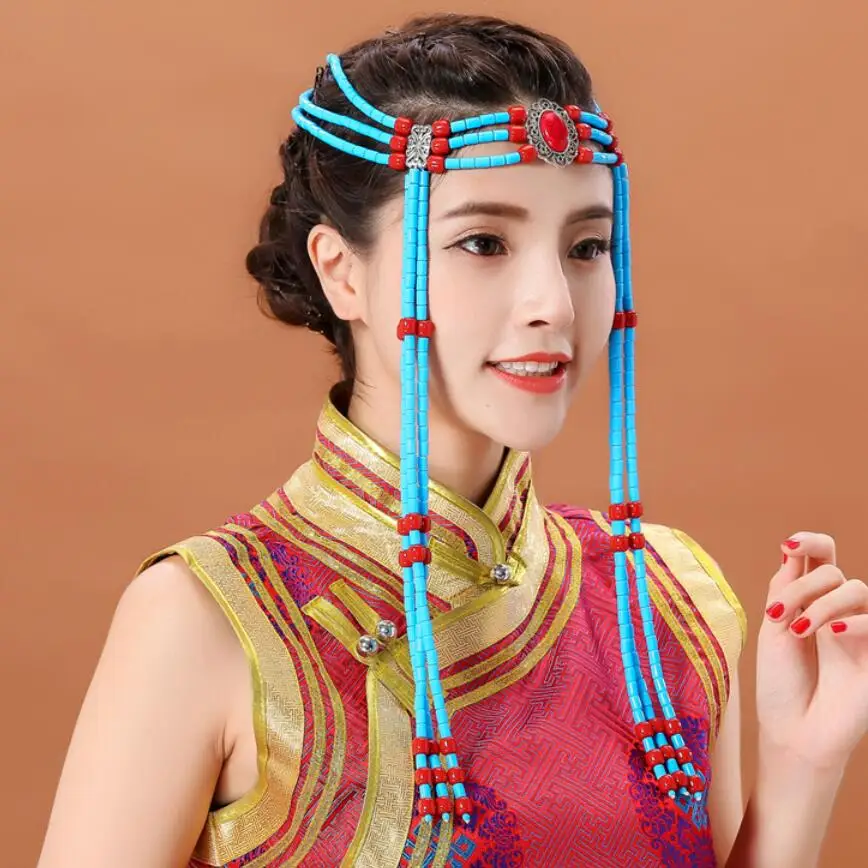 

Festival costume accessories women elegant headdress beautiful mongolia long hair accessories princess cosplay headwear