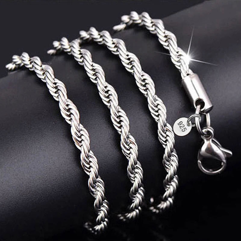 SUMENG Hot Sale Retail Silver Color Necklace Women Man 2mm16,18,20,22,24,26,28,30 Inch Twist Rope Chain Fashion Jewelry Gifts