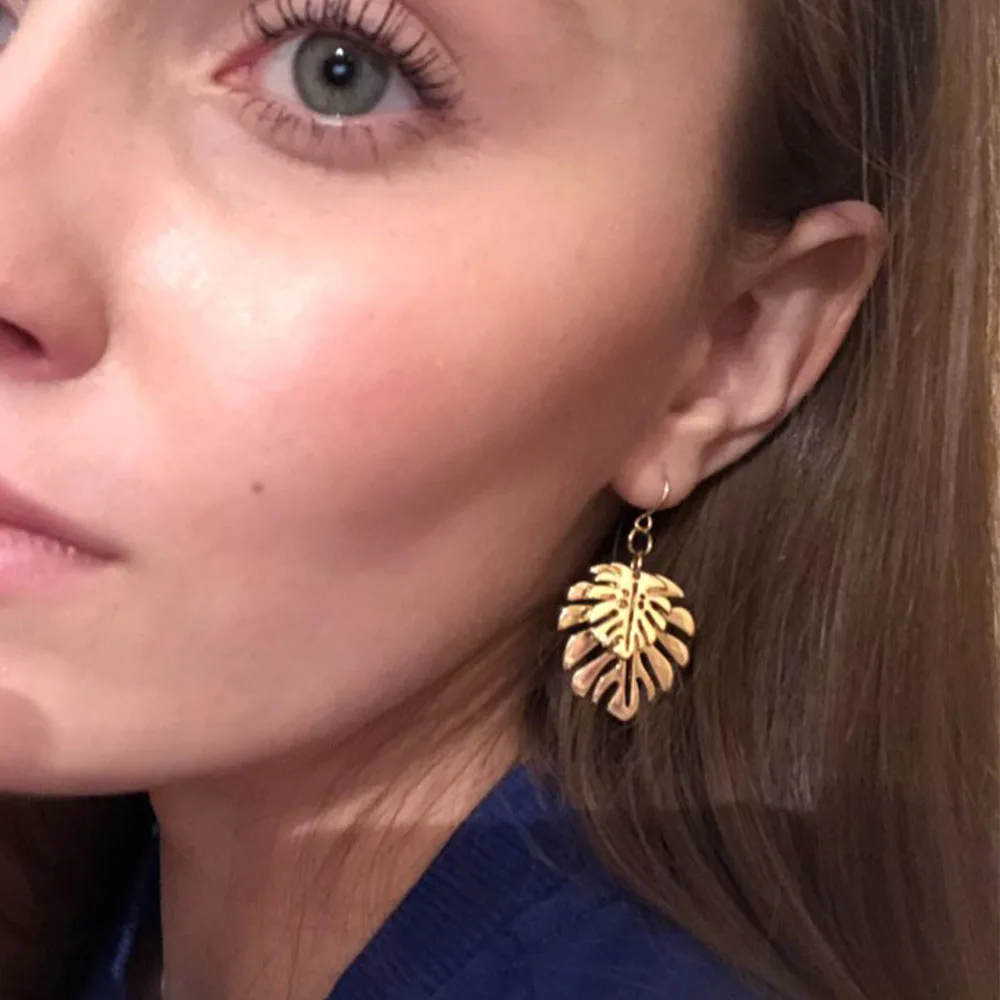 New Trend Gold Color Plating Monstera Leaf Overlap Drop Earrings For Women Girl Elegant Naturalism Casual  Jewelry Hot Summer