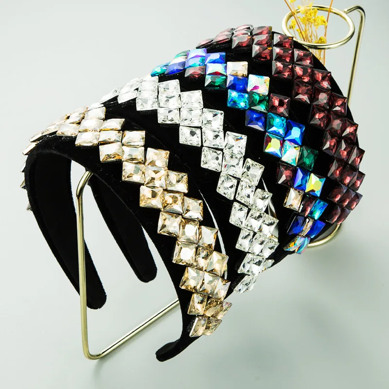 

New Arrived Luxury Geometric Rhinestone Headband Baroque Colorful Crystal Velvet Bling Hairband Women Elegant Hair Accessories