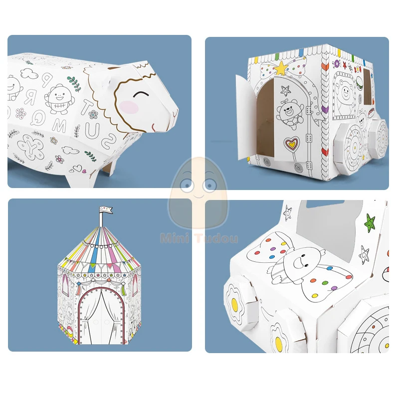 Kids 3D DIY Handmade Cardboard Model Kit Painting Disassembly Paper Animal House Car Craft Puzzle Educational Toy For Children