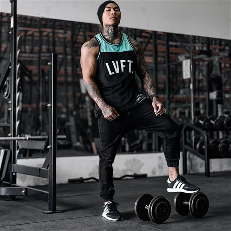 Mesh Patchwork Gym Workout Men Tank Tops Fitness Sleeveless Shirt Stringer Mens Bodybuilding Men Sportswear Vest Muscle Singlet