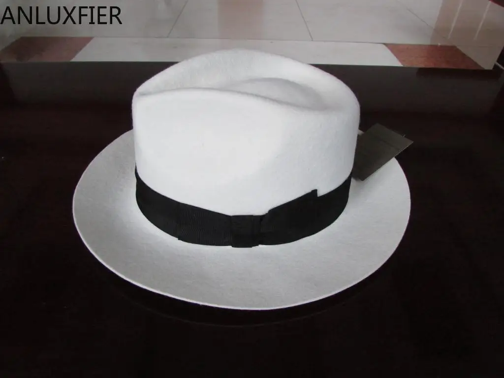 B-8139 White Authentic Hat Black Contrasting Woolen Fedoras Cap Elegant 100% Wool Vintage Cowboy Cap Jackson Wool Hat