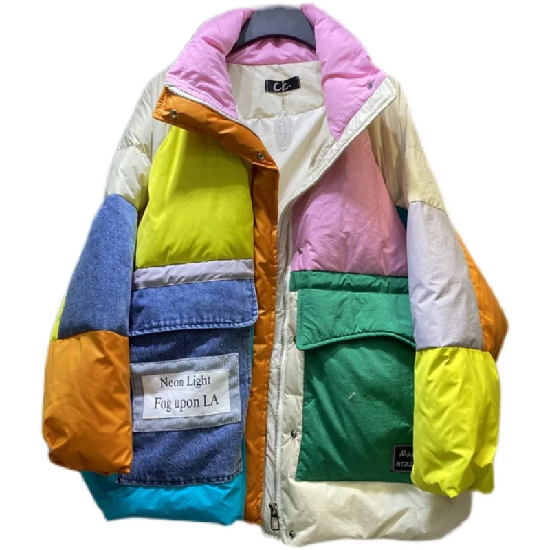 Chaquetas de plumón de mezclilla empalmadas para mujer, abrigo de algodón con cremallera y bolsillo grande, Parkas femeninas de alta calidad, moda