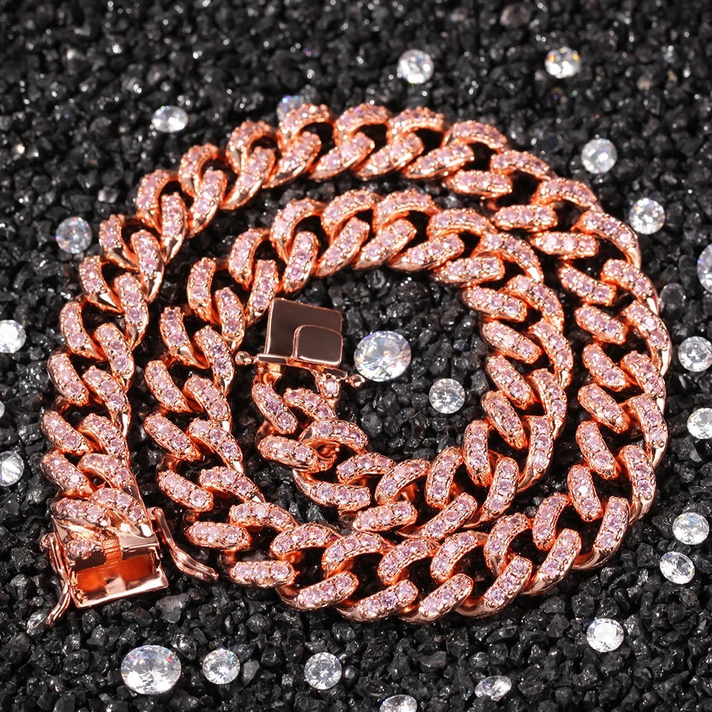 

New fashion iced 12mm Pink Zircon Cuban Link Necklaces Chains Luxury Bling Bling for Men Women Fashion Gift Hip Hop Jewelry