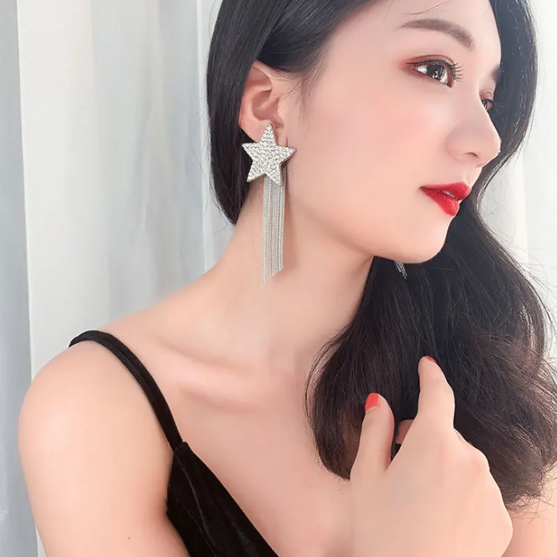 Fashion Brand Design Spicy Europe Advanced Sense Earring Rhinestone Pentagram Star Chain Tassel Earrings Hyperbole Long Pendient