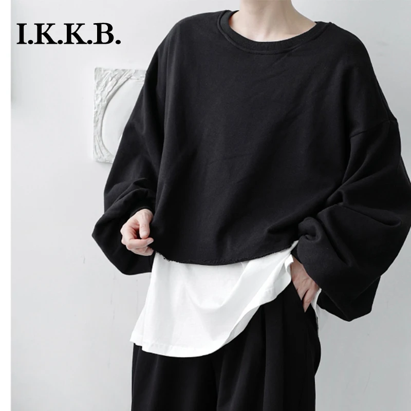 Autumn new dark men's fake two piece Pullover Sweater loose hip hop color contrast splicing couple lazy coat