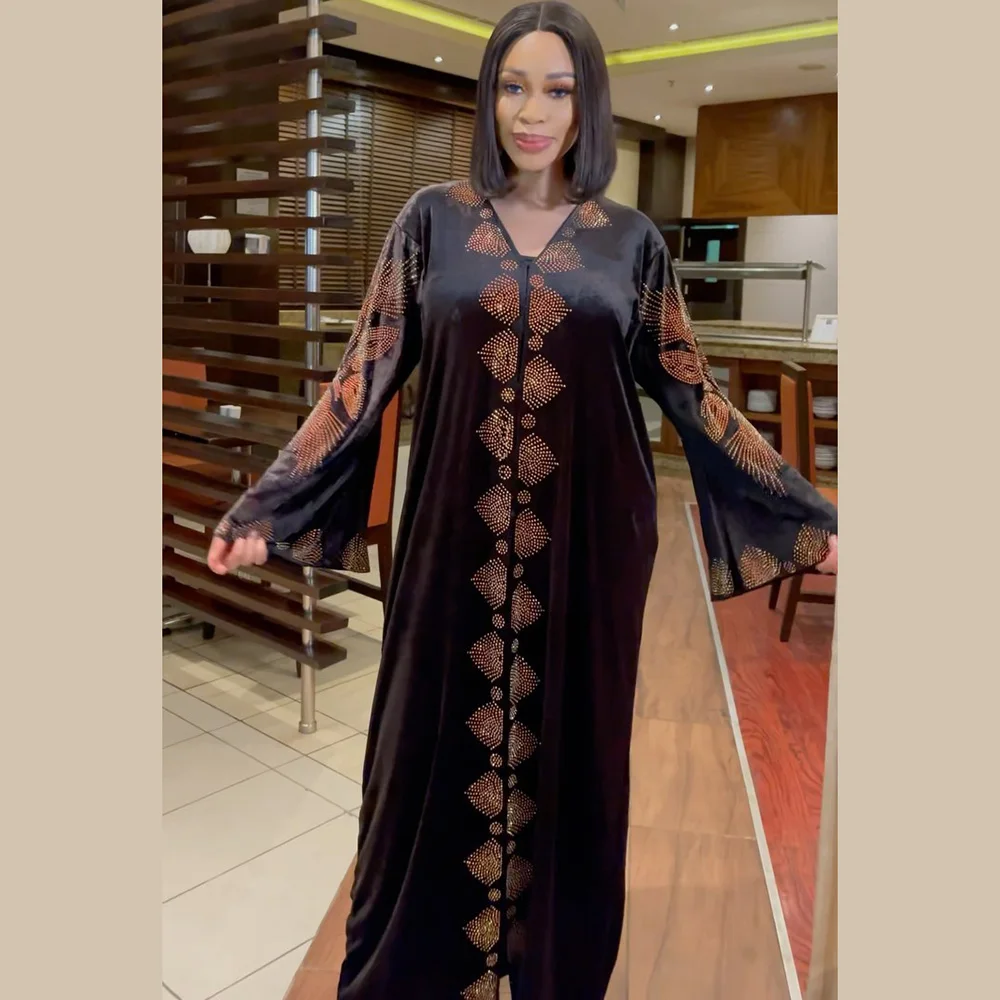 Nigeria skirt fashion velvet fabric luxury artificial stone decorative V-neck bell sleeve robe