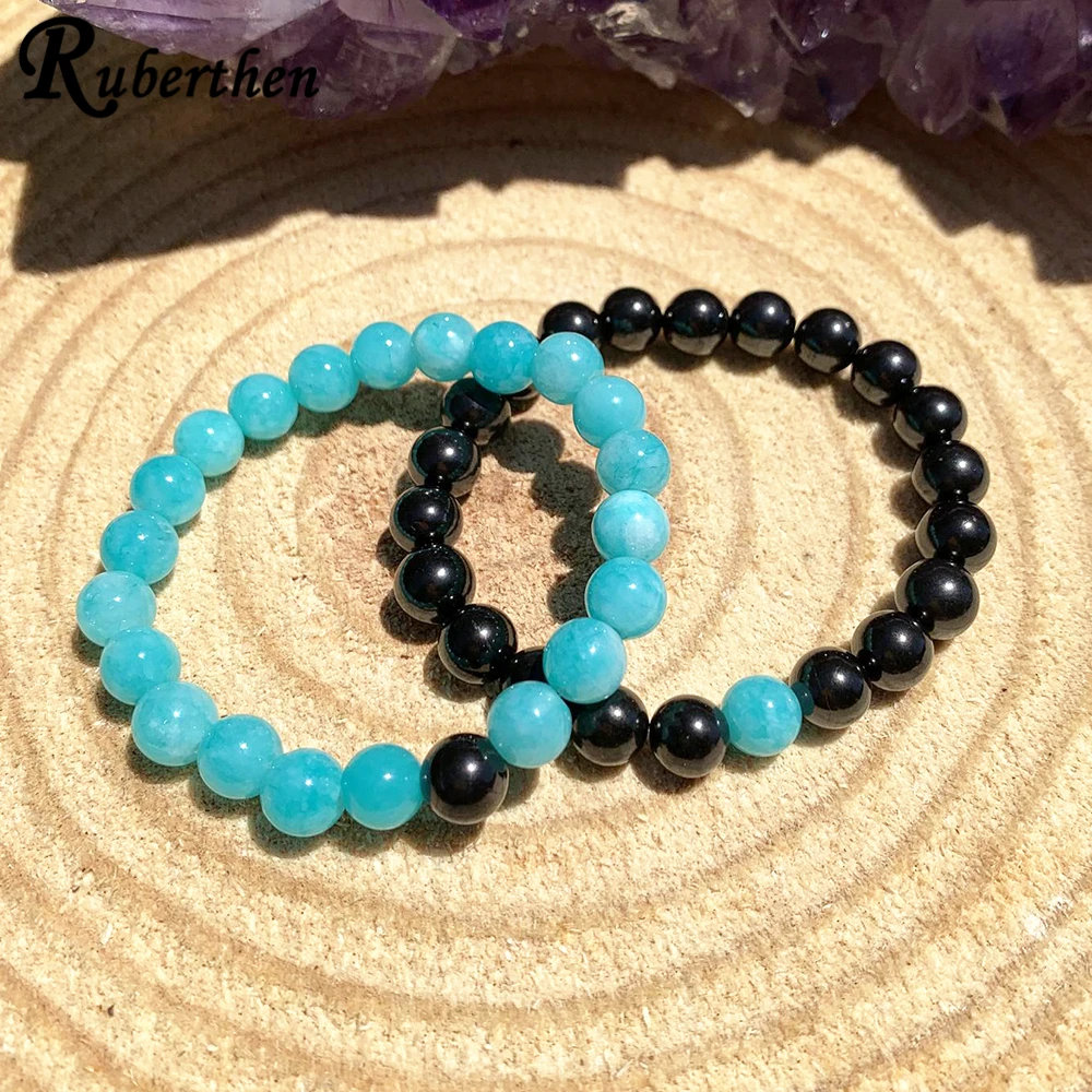 Ruberthen Matching Amazonite Black Tourmaline Bracelet Set EMF Shield Radiation Protection Bracelet Couples Friendship Bracelet