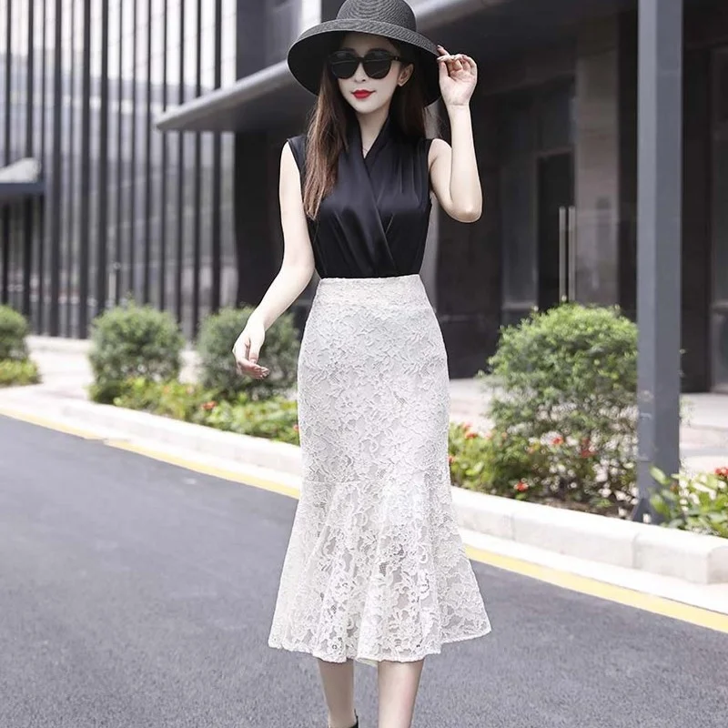 Womens New Lace Casual Skirt Office Lady Ruffle Zipper Mid-Calf High Waist Skirt Korean Style Fashion Elegant A-Line Skirt