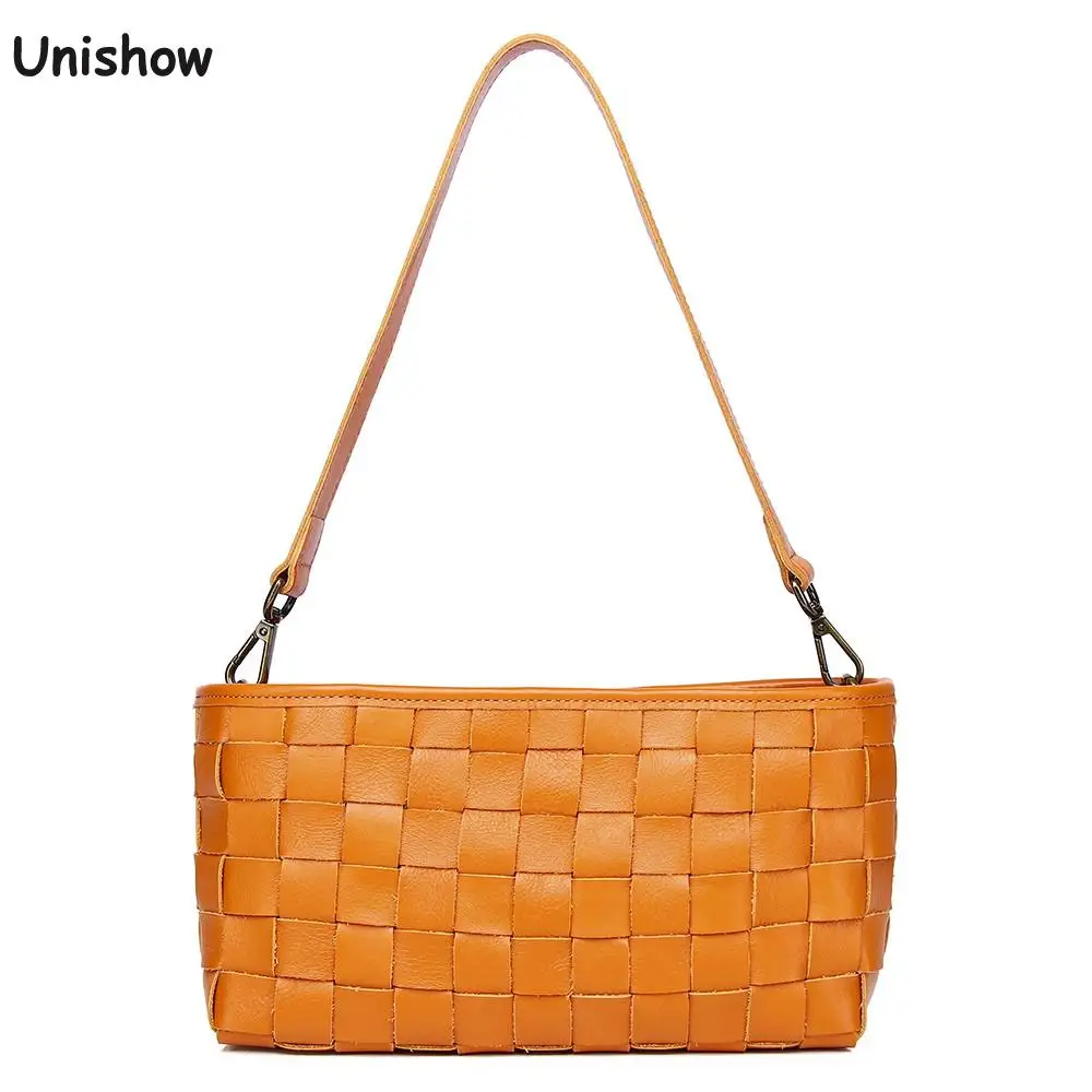 Genuine Leather Weave Women Shoulder Bags Solid Vintage Underarm Bag Small Ladies Handbag Luxury Real Cow Leather Crossbody Bag