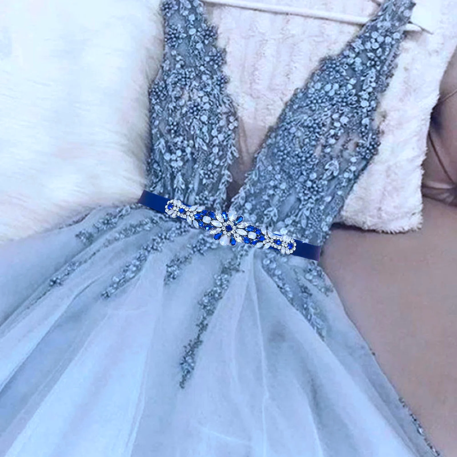 Ceinture fantaisie à strass bleu Royal pour femmes, avec paillettes bleues, accessoires pour robe de mariée, image réelle