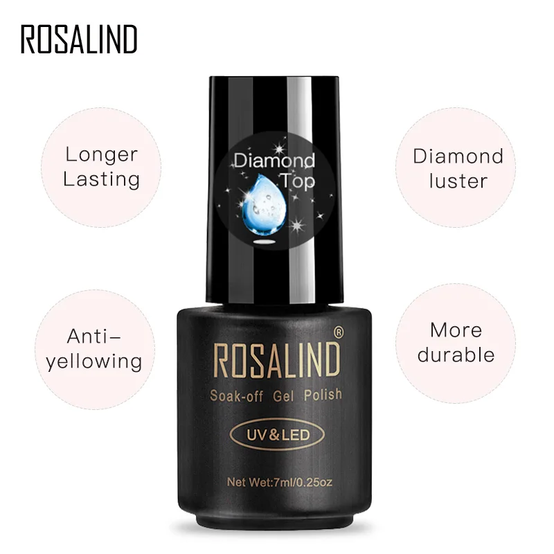 ROSALIND żelowy lakier do paznokci Top płaszcz podstawowy 7ml diamentowy przezroczysty długotrwały Manicure UV Primer lakier żelowy Nail Art płaszcz podstawowy