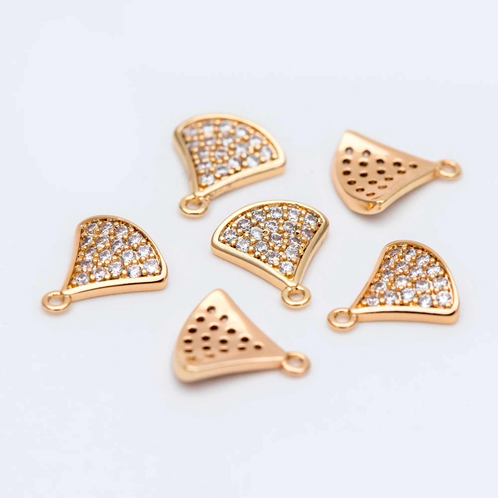 

4pcs CZ Paved Gold Fan Shaped Charm Pendants 9mm for Necklace Braelet For Women DIY Jewelry Making, 18K Gold plated on Brass (GB-735)